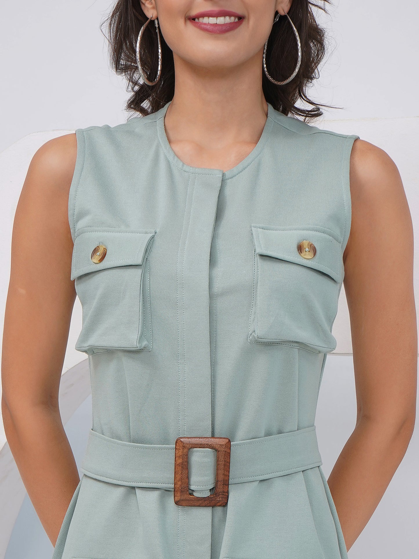 Sage Green Sleeveless Utility Dress with Belt- KWD005