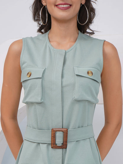 Sage Green Sleeveless Utility Dress with Belt- KWD005
