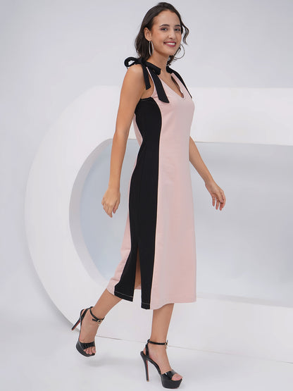 Colorblock Sleeveless Midi Dress with Side Slits-KWD006