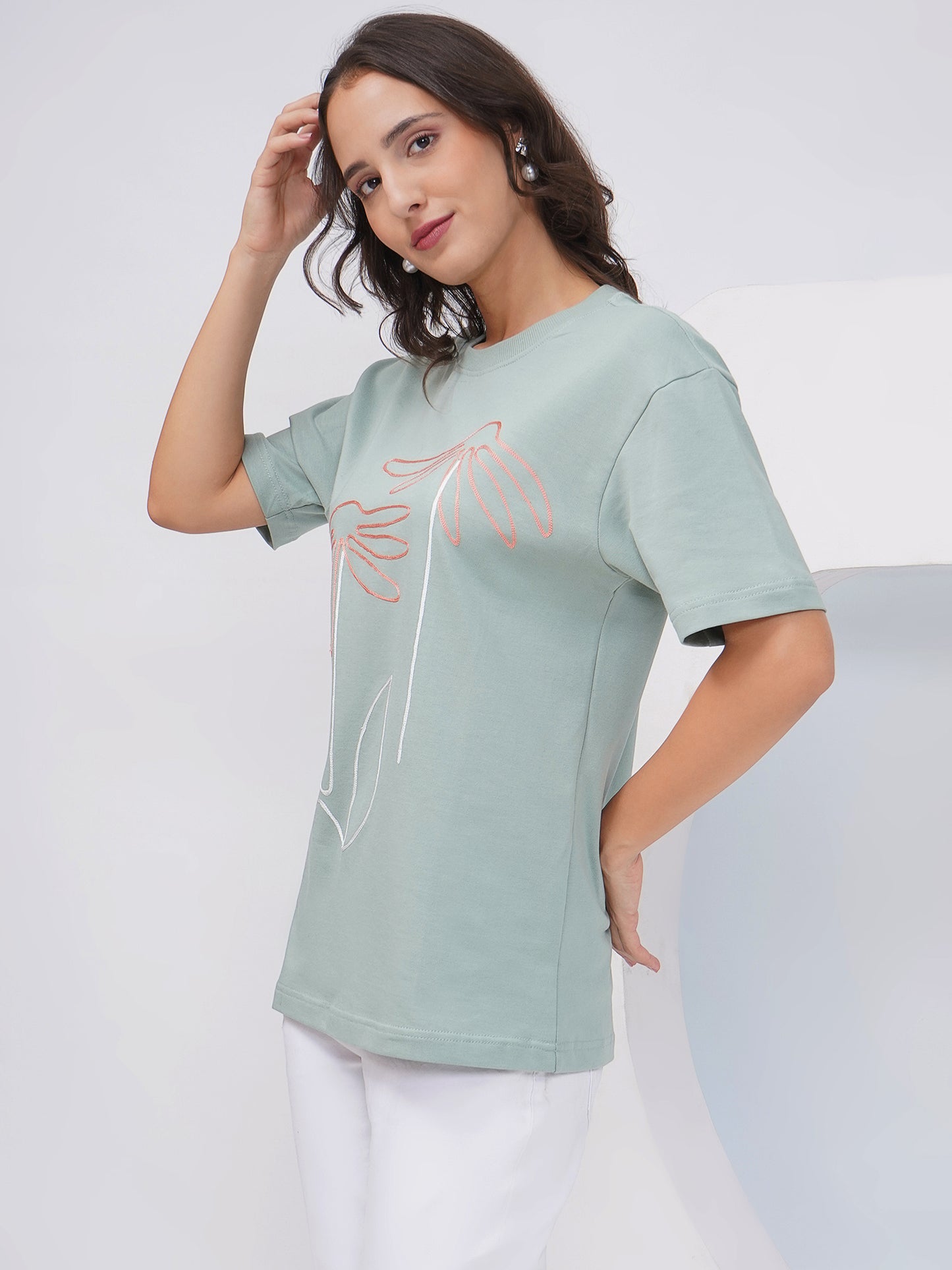 Sage Green Oversized Embroidered Floral T-Shirt – KWOT014
