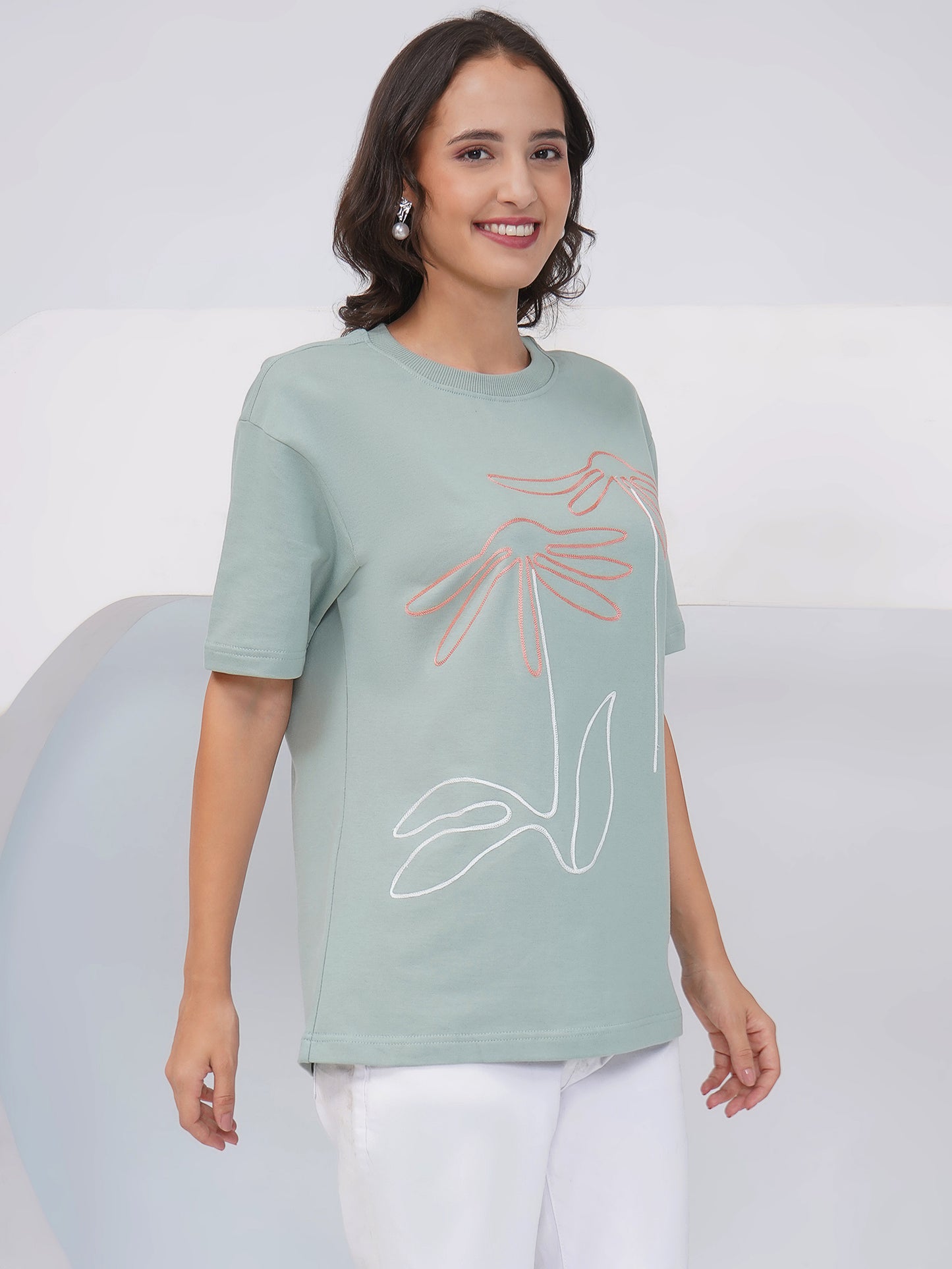 Sage Green Oversized Embroidered Floral T-Shirt – KWOT014