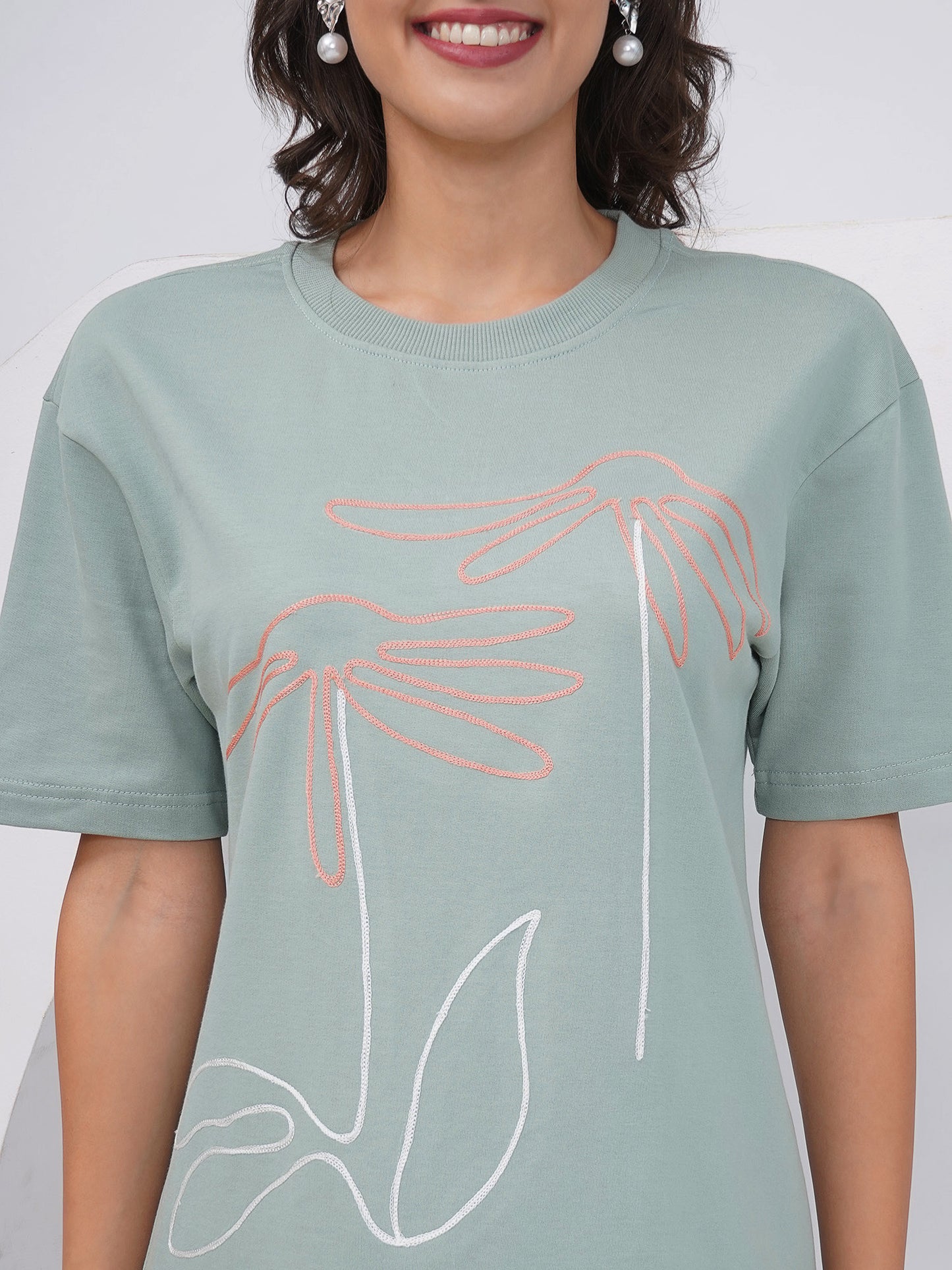 Sage Green Oversized Embroidered Floral T-Shirt – KWOT014