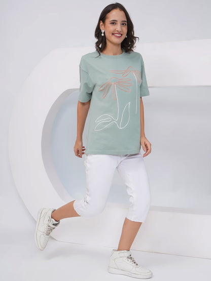 Sage Green Oversized Embroidered Floral T-Shirt – KWOT014
