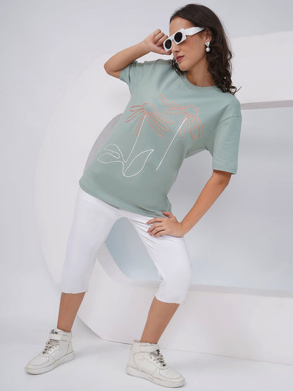 Sage Green Oversized Embroidered Floral T-Shirt – KWOT014