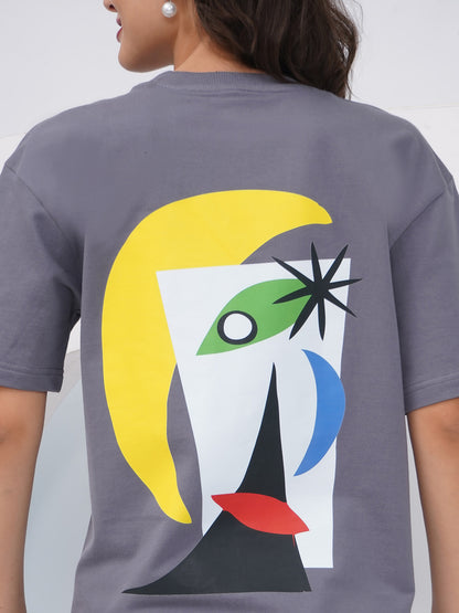 Charcoal Grey Oversized Abstract Graphic T-Shirt – KWOT015