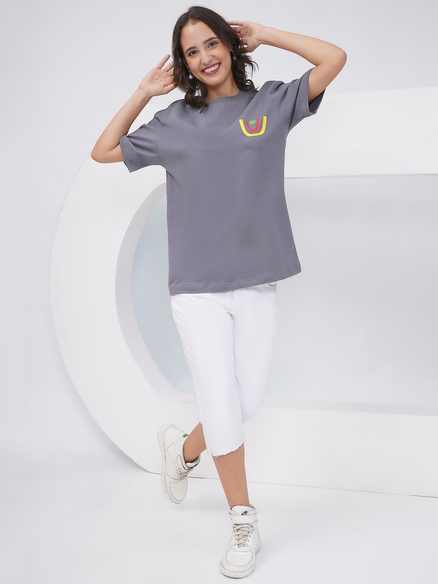 Charcoal Grey Oversized Abstract Graphic T-Shirt – KWOT015