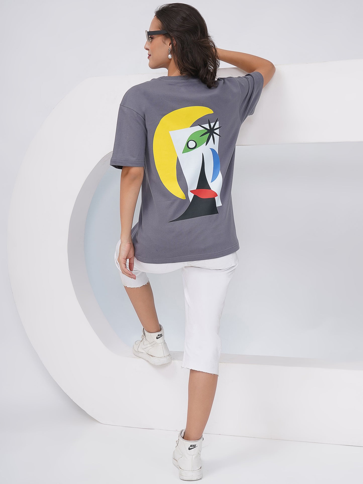 Charcoal Grey Oversized Abstract Graphic T-Shirt – KWOT015