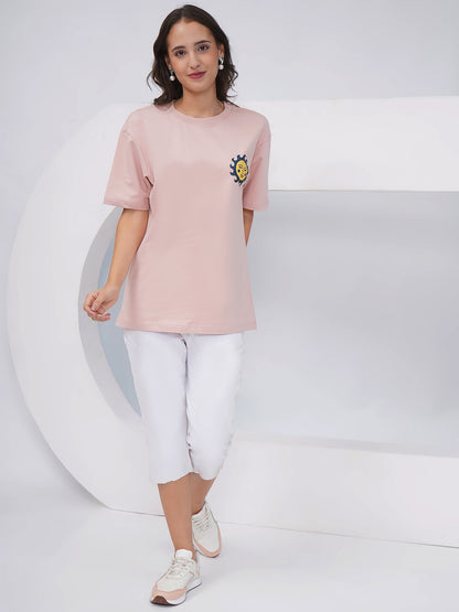 Blush Pink Oversized Sun &amp; Symbols Graphic T-Shirt – KWOT016