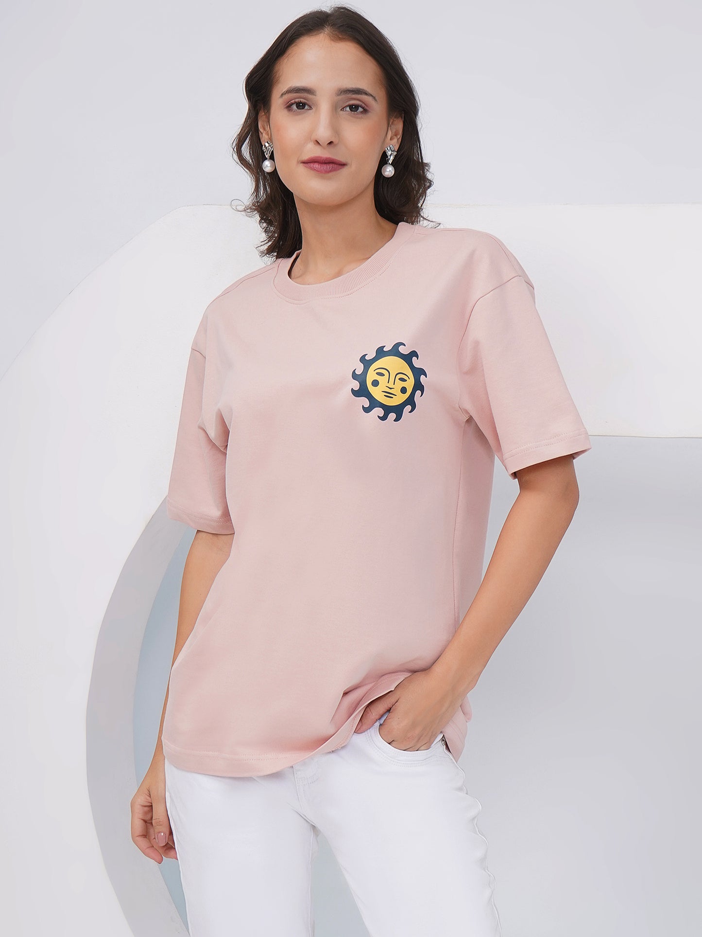 Blush Pink Oversized Sun &amp; Symbols Graphic T-Shirt – KWOT016